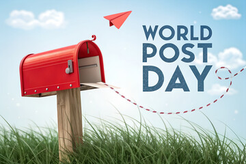 Celebrate World Post Day with a red mailbox, flying paper airplane, and scenic sky—honoring the role of postal services in global connection and communication. generative ai