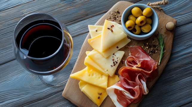 Top-down flat lay of a rustic wooden board with sliced cheeses, ham, olives, and a glass of red wine, arranged with space on one side.