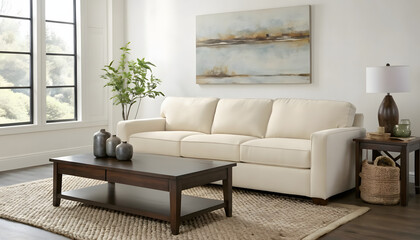 Obraz premium Cozy living room interior with cream sofa coffee table and artwork above sofa