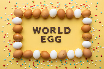 Celebrate World Egg Day with a vibrant egg border, bold typography, and colorful sprinkles—highlighting the joy, nutrition, and global importance of eggs. generative ai