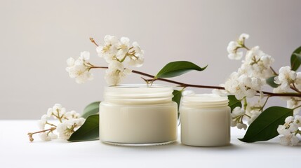 A jar of skin care cream is located among delicate pink flowers, demonstrating the concept of natural beauty on a spring floral background.