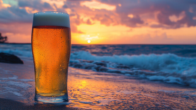 Refreshing pint of cold beer on sandy beach at sunset with waves crashing in the background and vibrant orange sky.