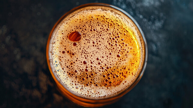 Top view of a frothy beer glass with rich amber color and bubbles on a dark textured background. - Powered by Adobe