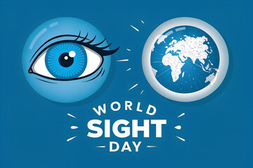 World Sight Day celebration with symbolic blue eye and Earth illustrations on a vibrant blue background, promoting global awareness of vision and eye health generative ai
