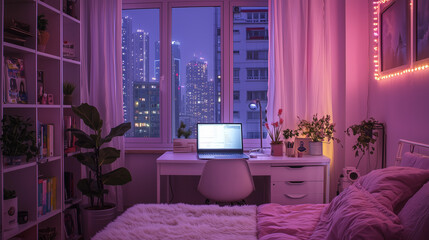 Stylish bedroom workspace with glowing neon lights, indoor plants, and city skyline through window at night.