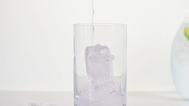 Trinkglas mit Mineralwasser und Limonenscheibe und Eisw&uuml;rfeln