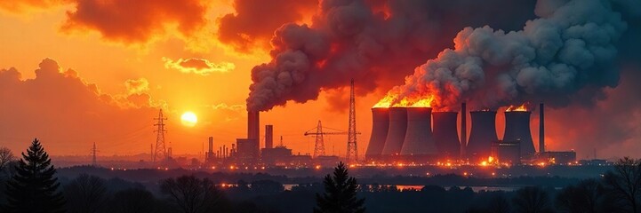 Fiery inferno engulfs industrial power plant, billowing smoke and flames reaching towards the sky Emergency crews battle the blaze, significant damage evident , energy crisis, energy plant