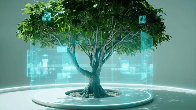 Green tree with shimmering blue data interfaces growing on a technology platform, symbolizing the combination of nature and digital information. Eco-technology and data management concept.