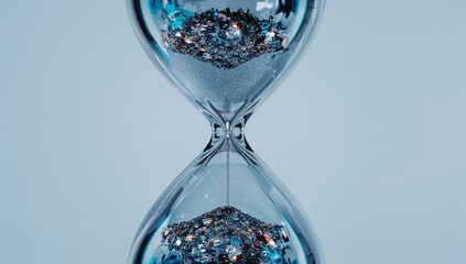 A mesmerizing close-up of an hourglass with sparkling granules delicately suspended, embodying the passage of time with a hint of preciousness. This photo capture the beautiful concept.