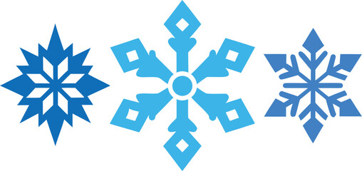 Three blue snowflake shapes isolated on white background, ideal for winter themes and festive decorations
