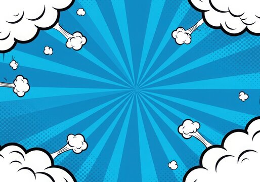 Dynamic blue burst with comic book style clouds