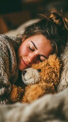 A woman is sleeping with a teddy bear. The teddy bear is brown and has a smile on its face. The woman is wearing a sweater and she is comfortable and relaxed