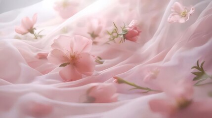 Delicate Pink Flowers on Flowing Sheer Fabric in Soft Light Aesthetic