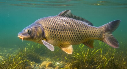 Naklejka premium Underwater view of a common carp fish swimming near aquatic plants and pebbles