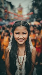 A young girl with long black hair is smiling and wearing a white dress. She is wearing a necklace and a headpiece
