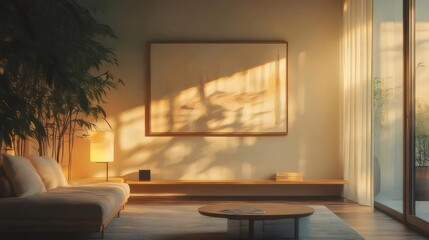 穏やかなリビングルームのインテリア、ベージュのソファ、暖色の光、観葉植物と抽象絵画のある静かな空間