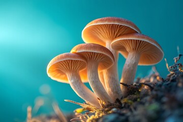 Cluster of Orange- Capped Mushrooms with Glowing Gills