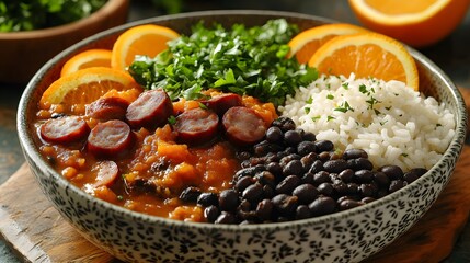 A hearty bowl of feijoada, a traditional Brazilian stew, featuring black beans, rice, chorizo-like sausage, sweet potato, and garnished with fresh parsley and orange slices.