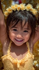 A young girl wearing a yellow dress and a flower headband is smiling. Concept of happiness and innocence