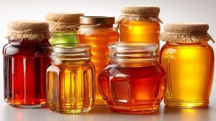 Jars brimming with honey of varying colors and textures showcase rich variety