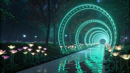 Magical Glowing Tunnel with Reflective Pathway and Flowers in a Dreamlike Forest Setting.