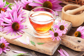 Echinacea purpurea vitamin tea or extract on wooden background with fresh flowers nearby, copy space, natural medicine, antiviral treatment, immune booster concept
