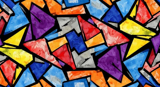 Vector art of geometric abstract pattern with stained glass effect in vibrant colors on black