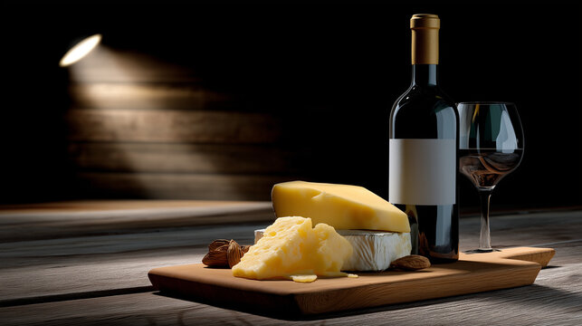 Rustic cinematic style: wooden board on dark background, spotlight on wine and cheese.
