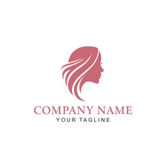 Elegant pink silhouette logo of a woman's head in profile with flowing hair, suitable for beauty brands.