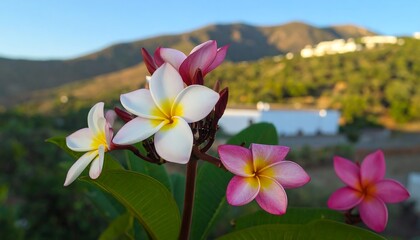Plumeria blossoms in a garden setting