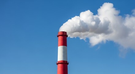Red and White Chimney Emitting White Smoke Against Blue Sky