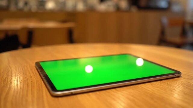 Tablet with green screen in coffee shop on wooden table.