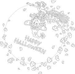 Happy little Halloween witch flying on her magic broom upside down among falling and swirling autumn leaves, black and white vector illustration for a coloring book