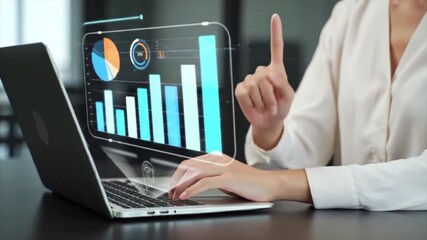 Data analyst interacting with holographic 3D charts and financial graphs.  - Powered by Adobe
