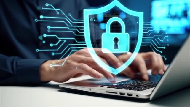 Cybersecurity expert working on laptop with holographic security interface. 
