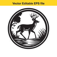 Black and white silhouette of a deer walking in a forest scene within a circle