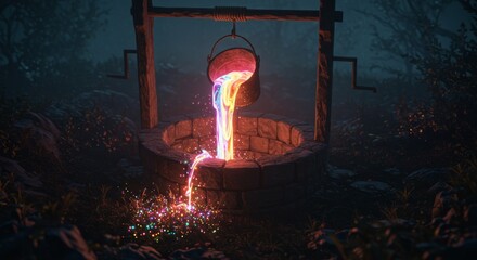 A magical well in an enchanted forest provides liquid rainbow creativity. A metaphor for creative inspiration, brainstorming, and the source of ideas. 