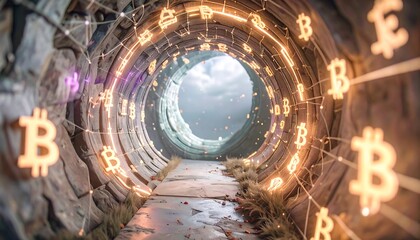 Futuristic tunnel with glowing cryptocurrency symbols