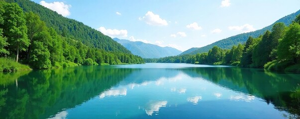 Serene landscape with tranquil lake, lush greenery, and clear blue sky; perfect imagery for relaxation and stress relief ,  serenity,  calm