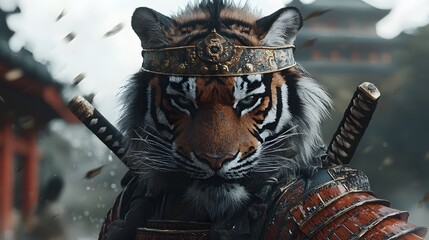 A fierce tiger, clad in samurai armor and bearing dual swords, stands ready for battle. Set against the backdrop of a traditional oriental building. 