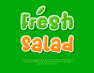 Vector Healthy label Fresh Salad. Eco Green Font. Glossy Round Alphabet Letters and Numbers set.