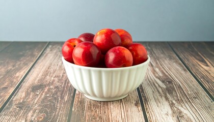 Plums in a white bowl on a wooden table