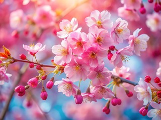 Obraz premium Close up of beautiful cherry blossom branch with pink flowers and buds in the springtime season