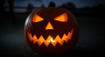 Fototapeta premium Illuminated Jack-o'-lantern with a spooky face, perfect for Halloween night.