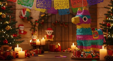 Naklejka premium Festive Mexican Christmas scene with colorful piñata and papel picado, vibrant holiday decorations perfect for cultural celebration, party, or graphic design. 