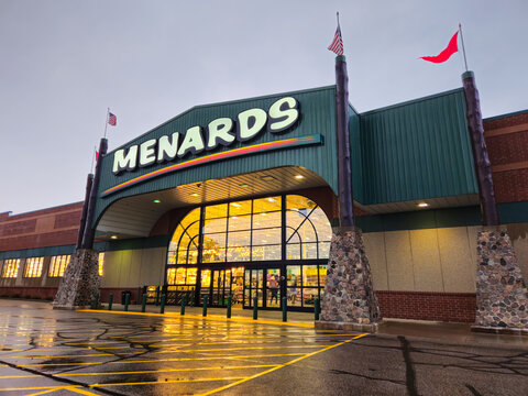 The exterior of a Menards store at dusk in September 2025. Menards is a well-known home improvement retail chain. For Editorial Use Only.
