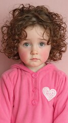 A young girl with curly hair is wearing a pink hoodie with a heart on it. She is looking at the camera with a serious expression