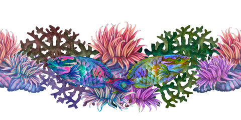 Rainbow tropical parrotfish among colorful corals and anemones. Seamless border with underwater seascape, watercolor template for sea design, cards, posters, books, stickers, scrapbooking, textiles