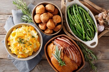 Table with a variety of food including mashed potatoes, green beans, and ham