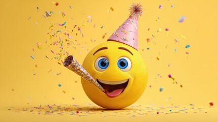 smiling yellow face emoji celebrates with a party hat and confetti joyfully blowing a horn for festive occasions and expressing cheerful vibes